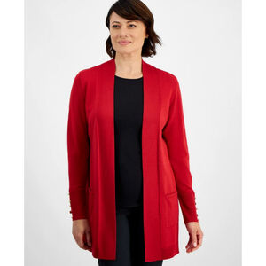 JM Collection Large Red Open Front Long Cardigan Gold Button Sleeve NWT